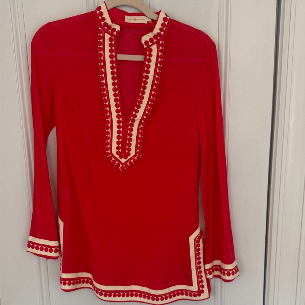 Tory Burch Red Tunic with Cream Trim Embellishment